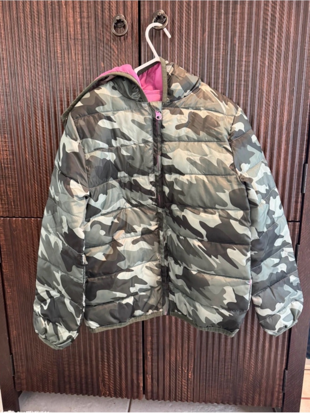 Epic Threads Green Camouflage Puffer Jacket with Pink Hood Lining